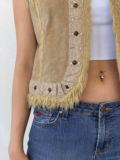 Vintage Live A little Fur Lined Suede Embellished Western Vest - L