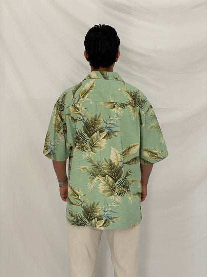 Vintage Jamaica Jaxx Tropical Leaf Silk Mint Green Hawaiian Shirt – XL