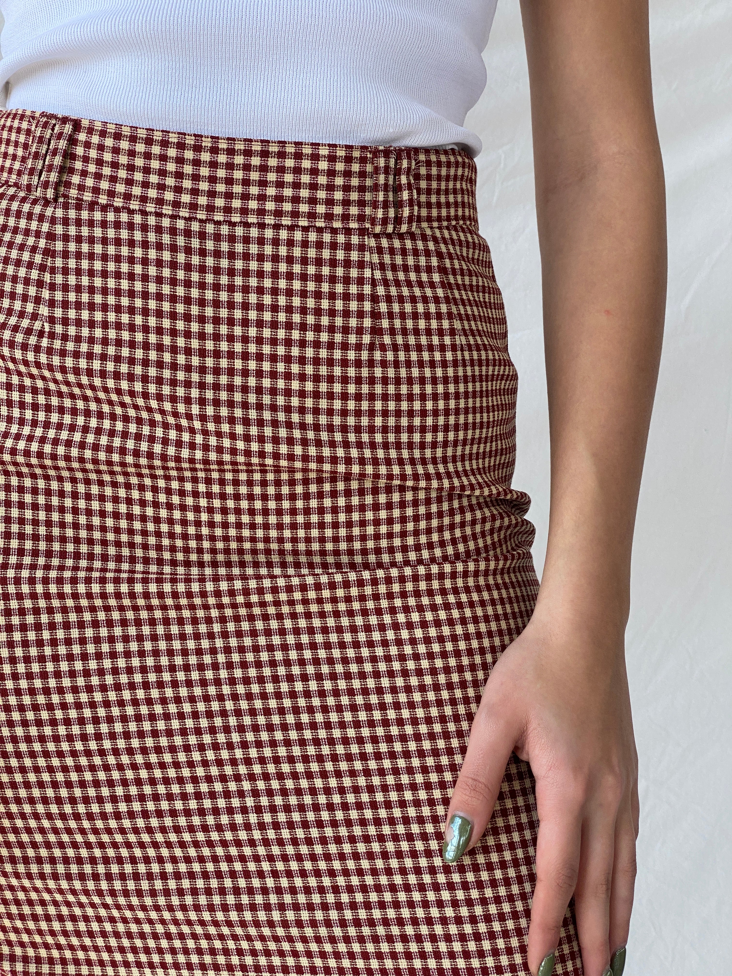 Y2K Wool Plaid Women’s Pencil Red & Beige Midi Skirt - M