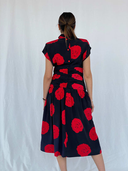 Stunning Vintage 80s Handmade Black Rose Print Midi Party Dress Size M - Balagan Vintage Midi Dress 90s, black dress, dress, floral dress, formal dress, Juana, midi dress, NEW IN