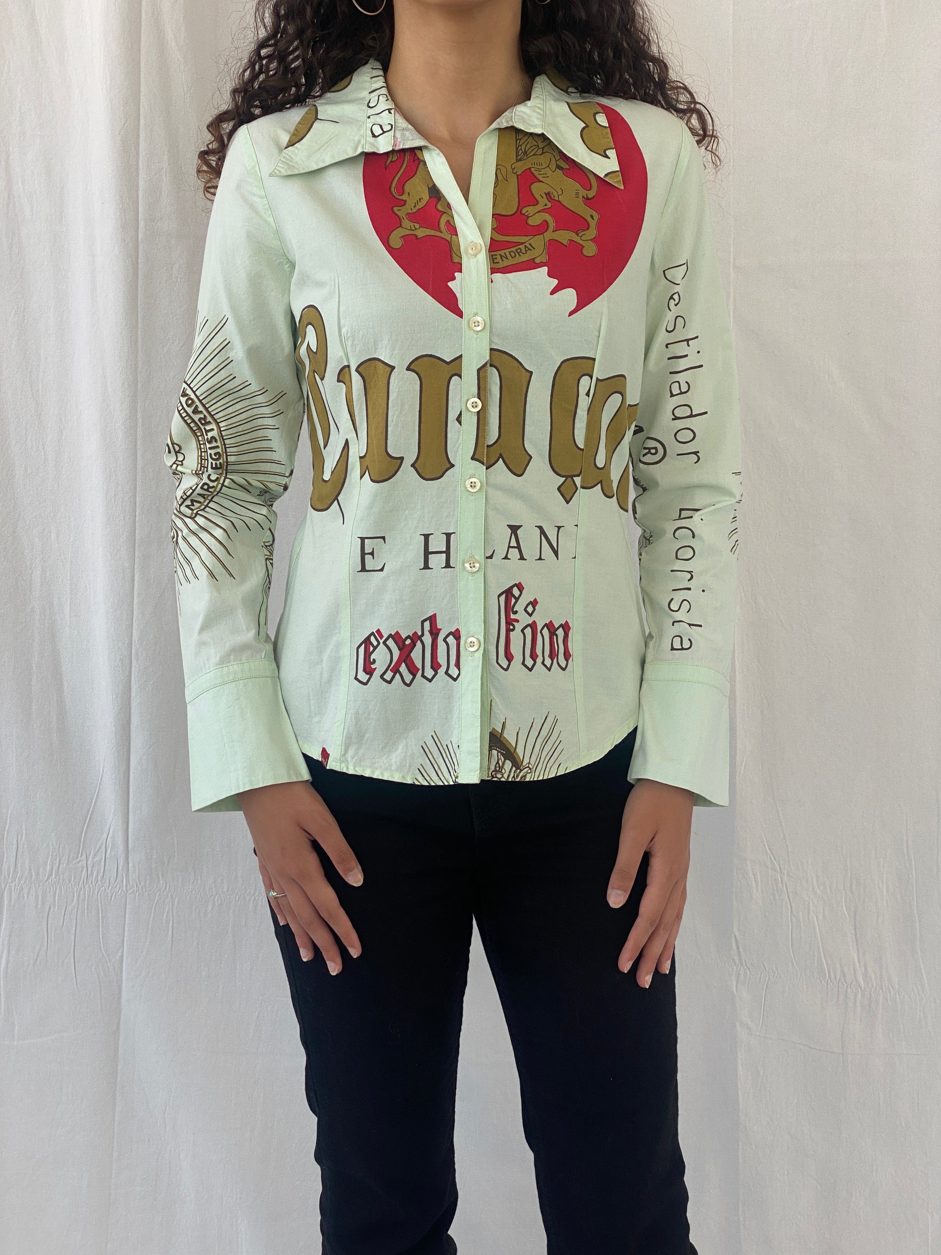 Y2K LAGA Mint Green Women’s Long Sleeve Button Up Graphic Cotton Shirt - M