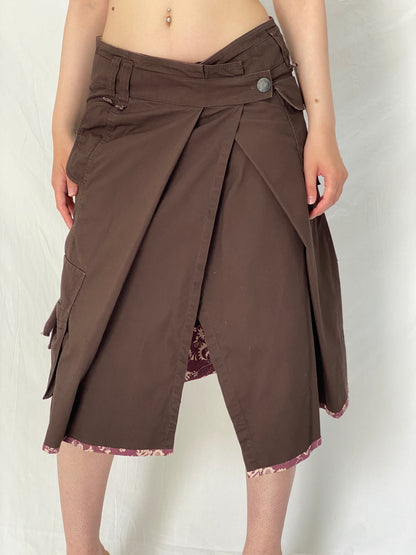 Vintage IKKS Brown Utility Wrap Asymmetric Cargo Midi Skirt – M