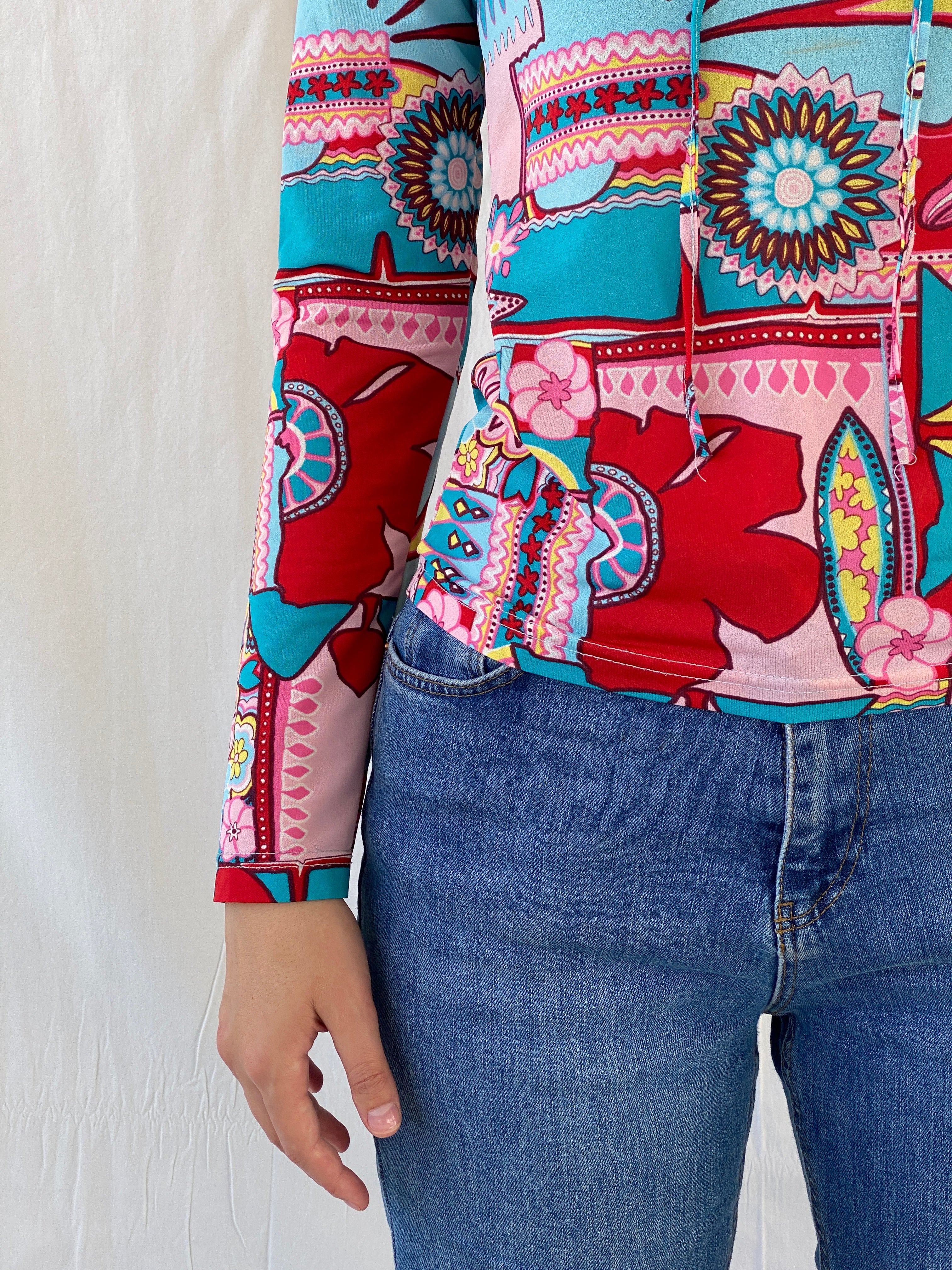 Vintage Colorful Mandala Floral Print Blouse Long Sleeve Groovy Top - M