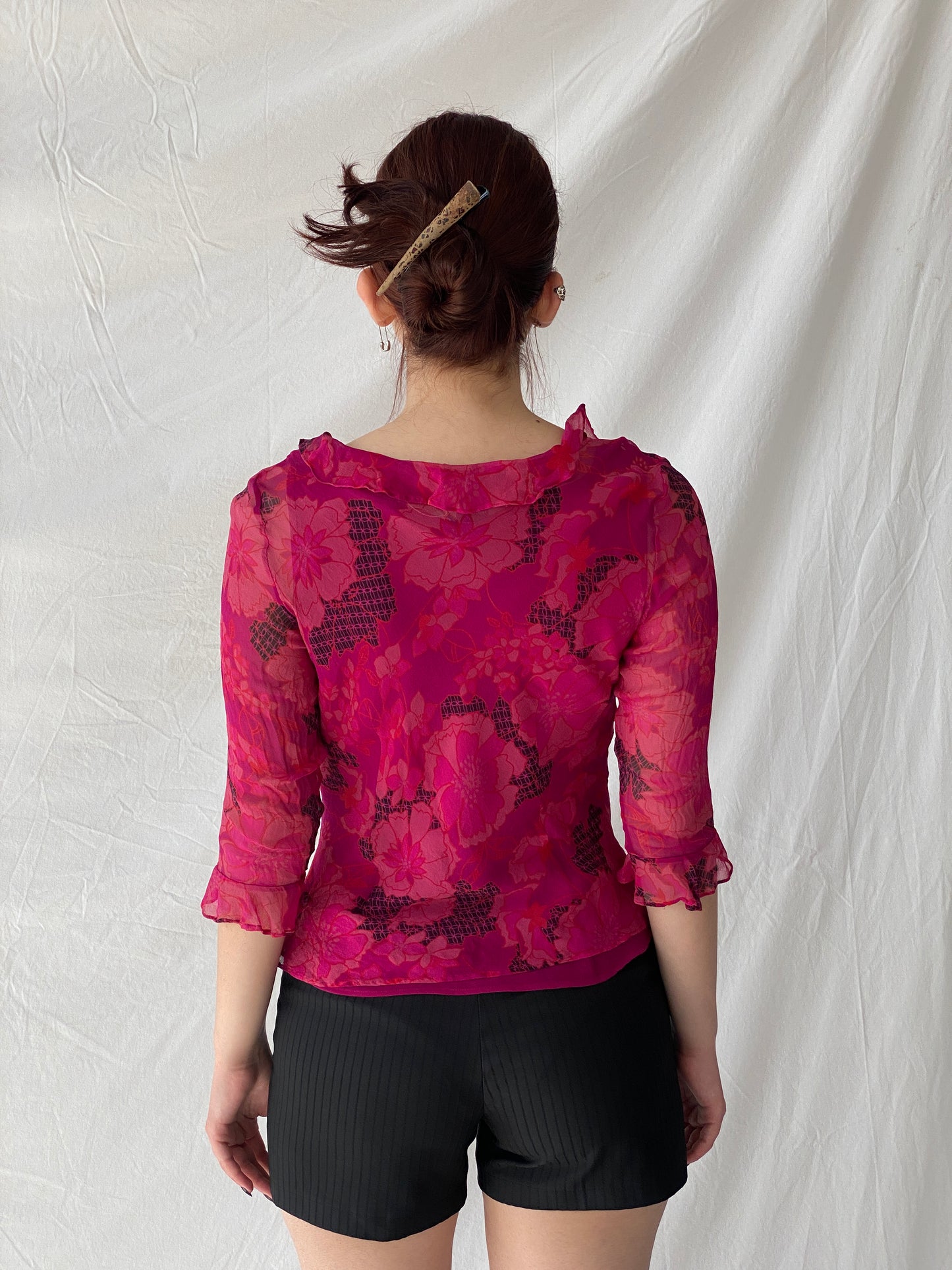 Beautiful Vintage E C I New York Floral Pink Beaded Silk Ruffle See Through Blouse - M