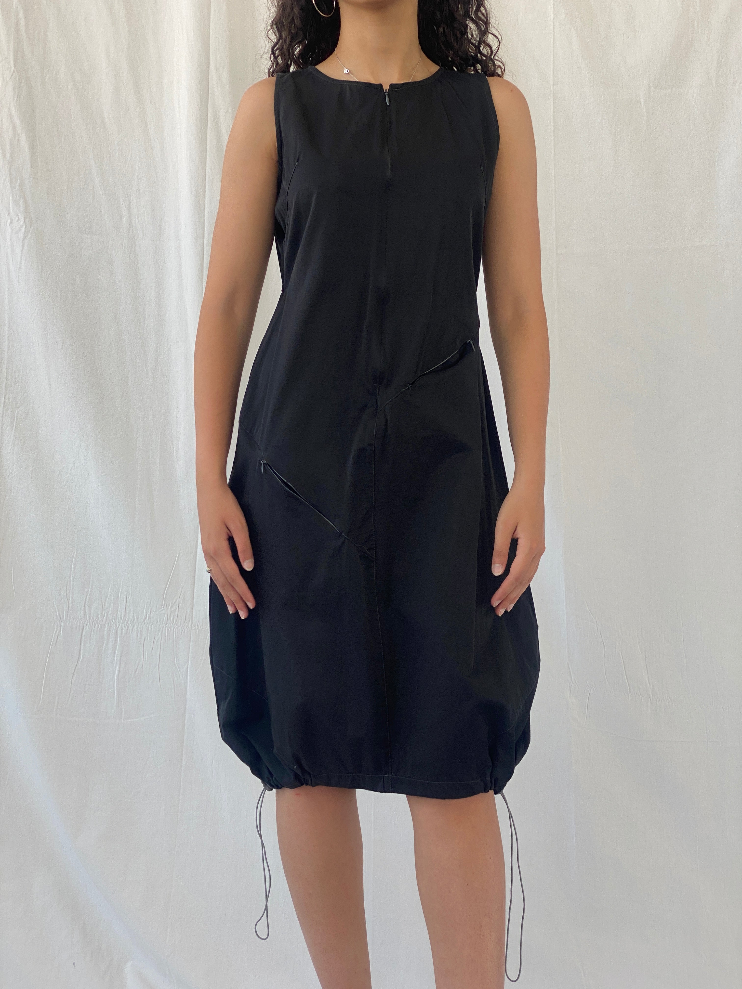 Vintage Y2K Futuristic Tunic Tafetta Whimsygoth Black Drawstring Midi Dress - L