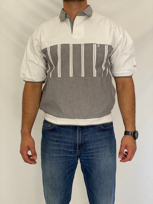 Vintage 90s Pierre Cardin Grey & White Color Block Polo Sweatshirt - M