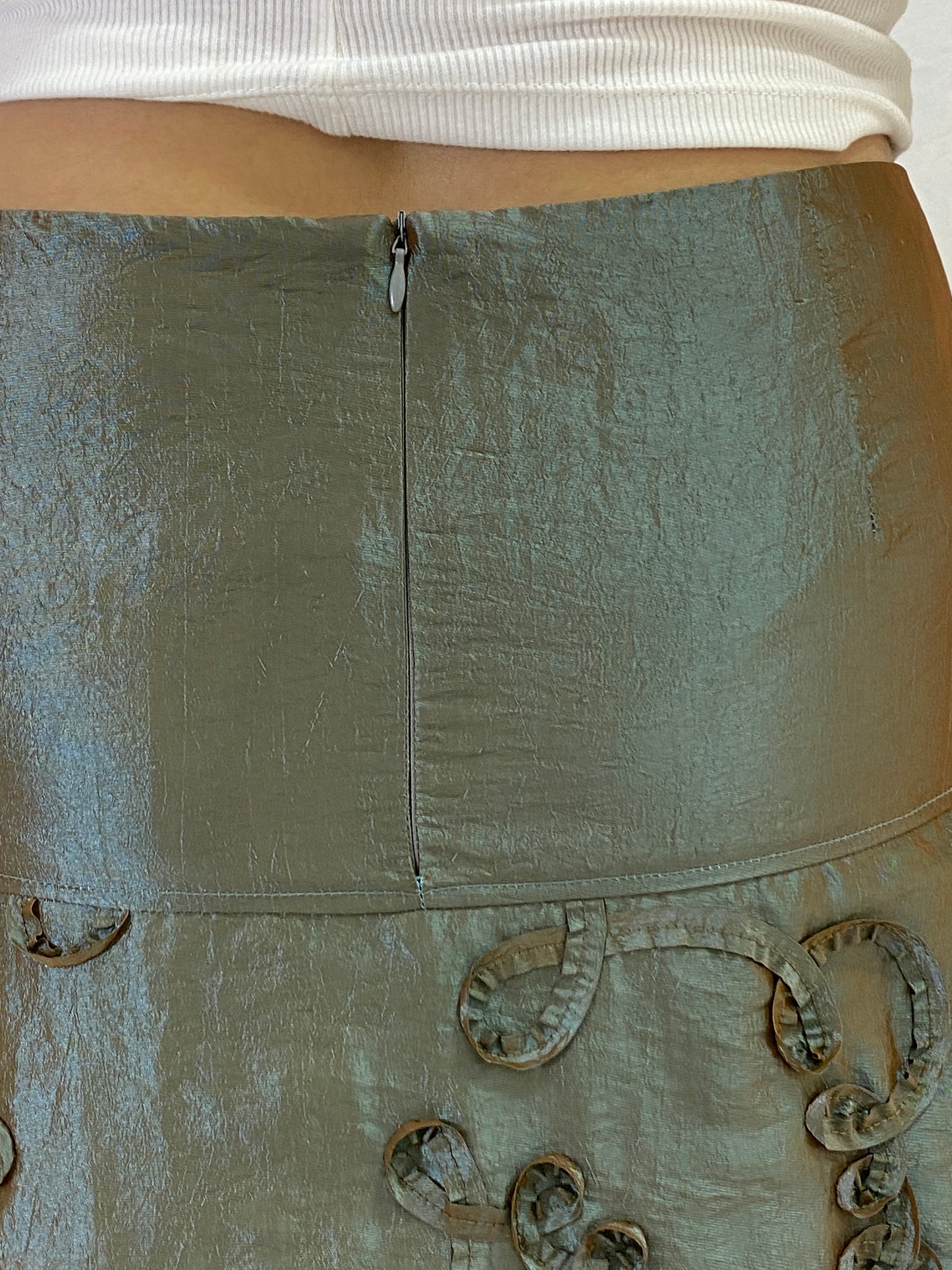 Y2K Kiabi Metallic Olive Midi Skirt with Textured Appliqué Detail - L