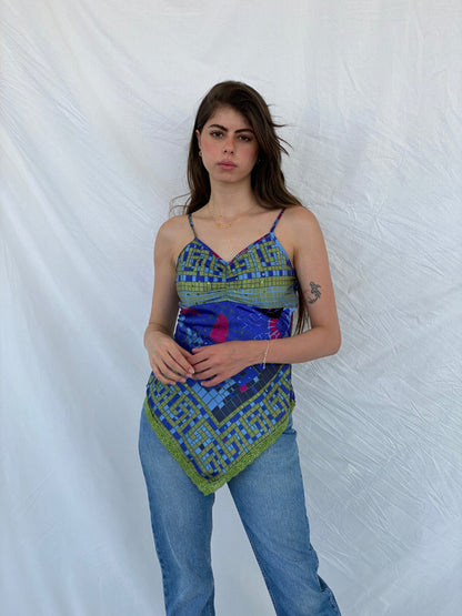 Y2K It’s Mine Sequined Asymmetric Blue and Green Lace Trim Cami Top - S