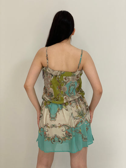 Y2K Rina Scimento Green Baroque Print Lace Trim Mini Dress – S
