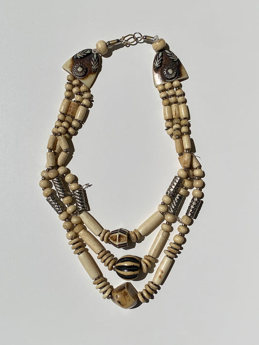 Vintage Tribal Bone & Black Stripe Bead Multi-Strand Artisan Necklace