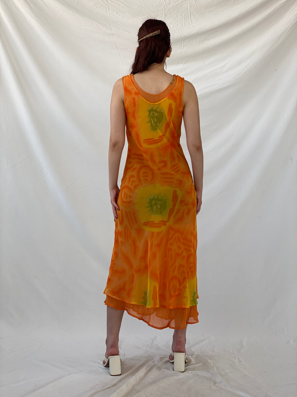 Y2K Chiffon Orange Tie Dye Sheer Maxi Dress - M