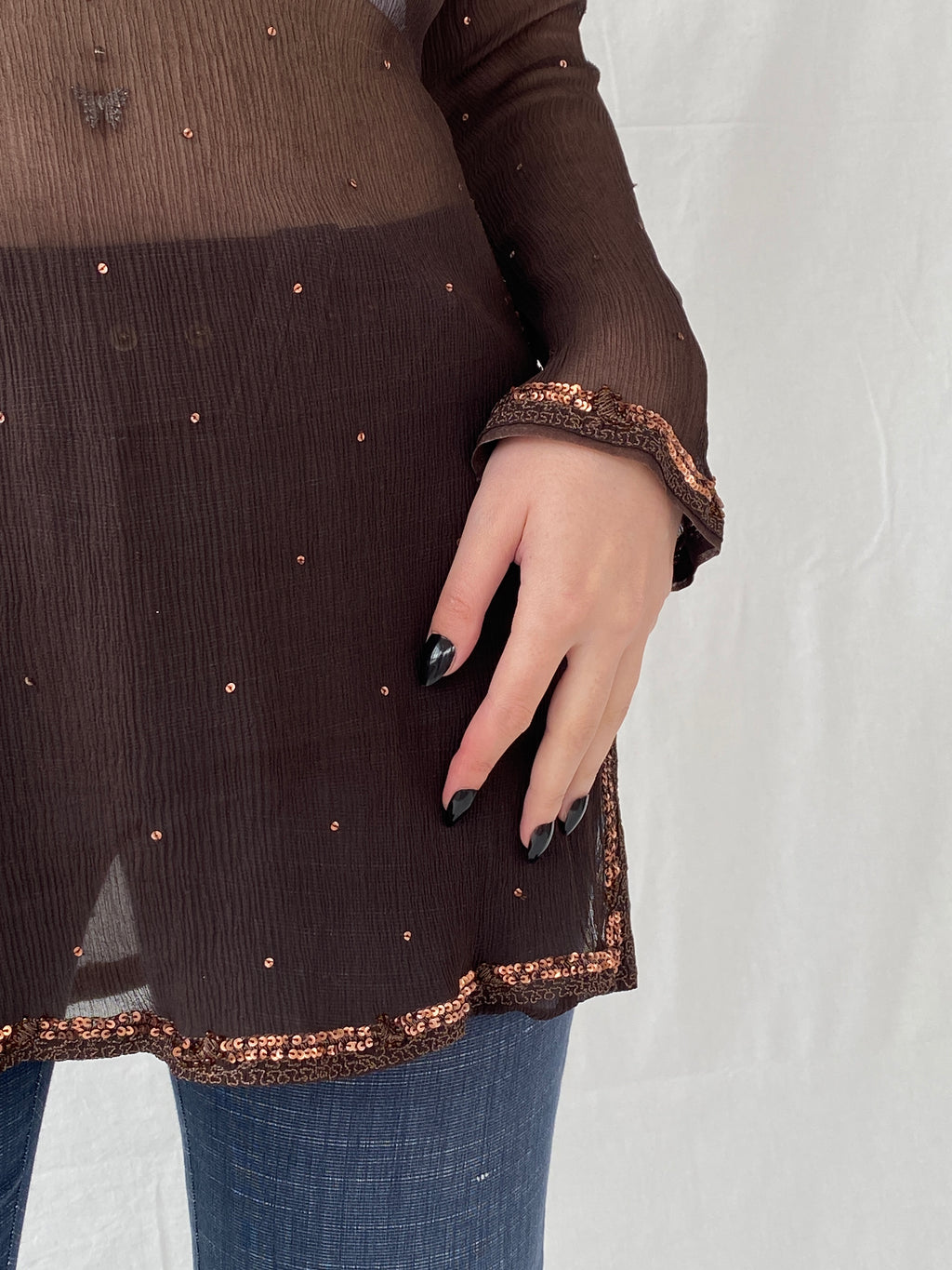 Subtle Luxury Autograph by Marks & Spencer Brown Sheer Silk Sequin Tunic Top Blouse - L