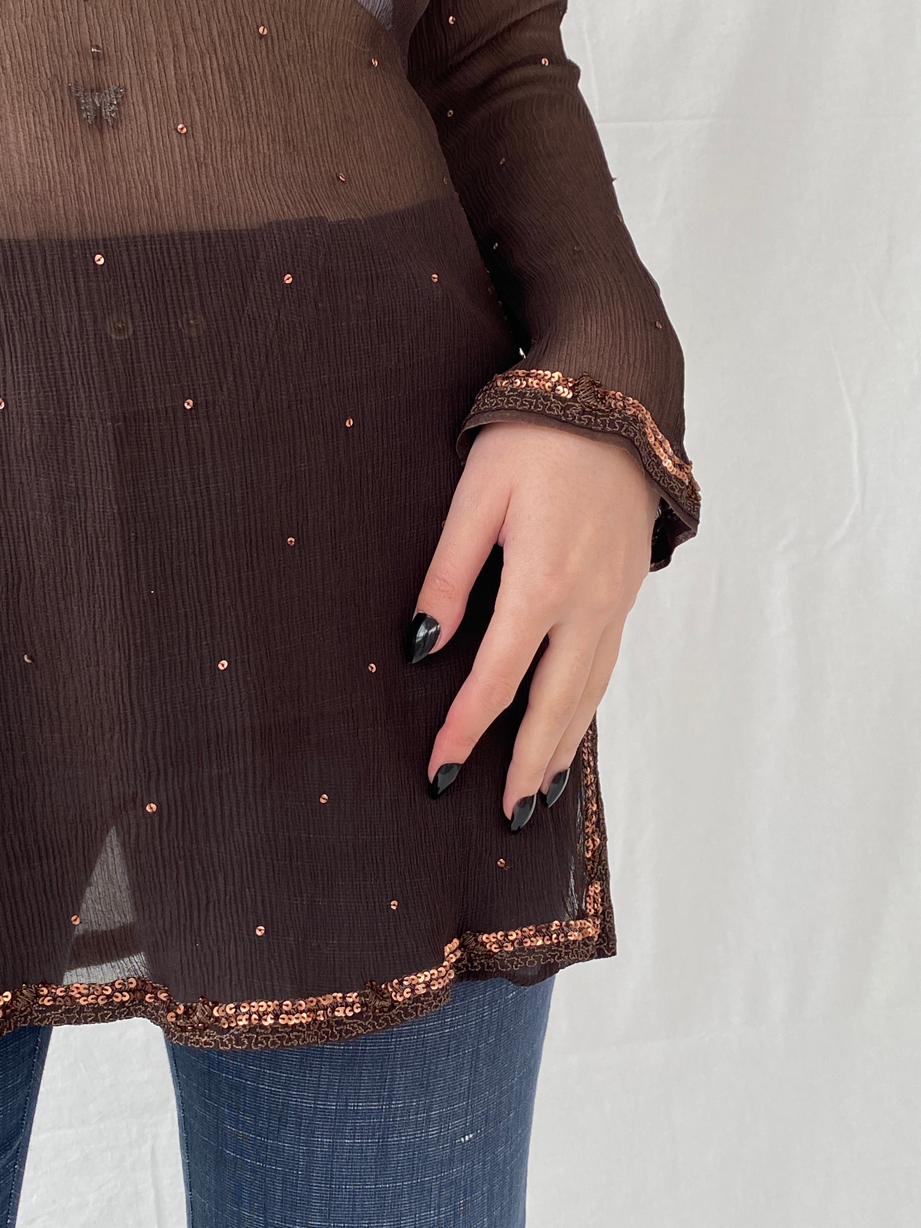 Subtle Luxury Autograph by Marks & Spencer Brown Sheer Silk Sequin Tunic Top Blouse - L