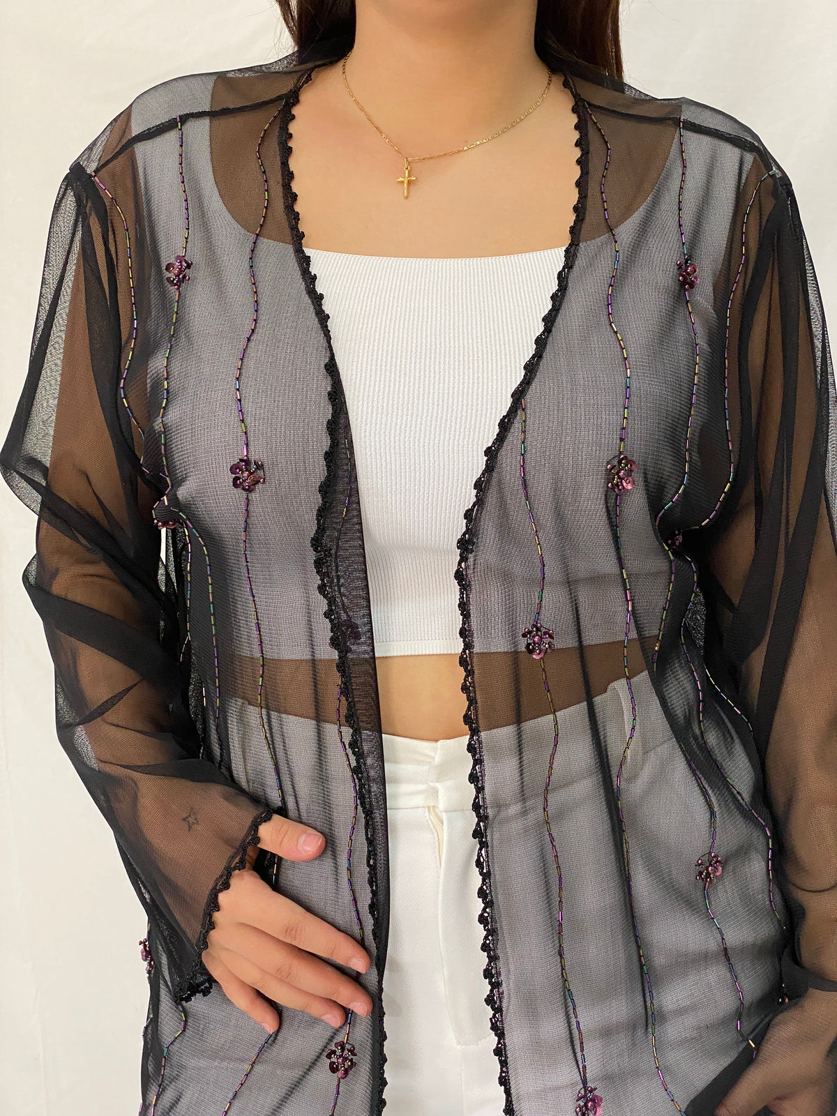 Vintage MISSION Black Sheer Beaded Cardigan Iridescent Sequin Trim Kimono - XL Vintage MISSION Black Sheer Beaded Cardigan Iridescent Sequin Trim Kimono - XL