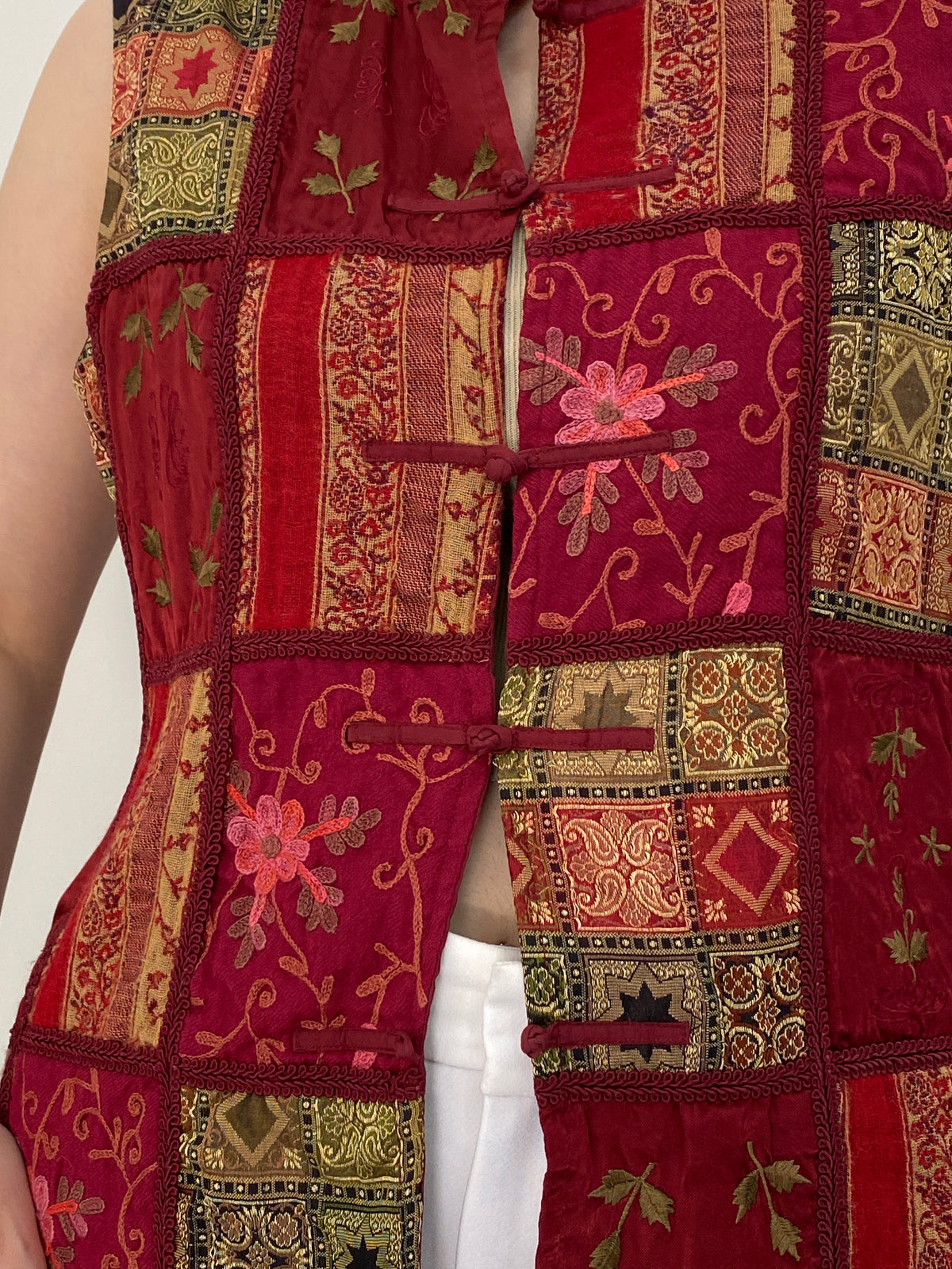 Vintage 90s Coldwater Creek Burgundy Patchwork Embroidered Vest - M