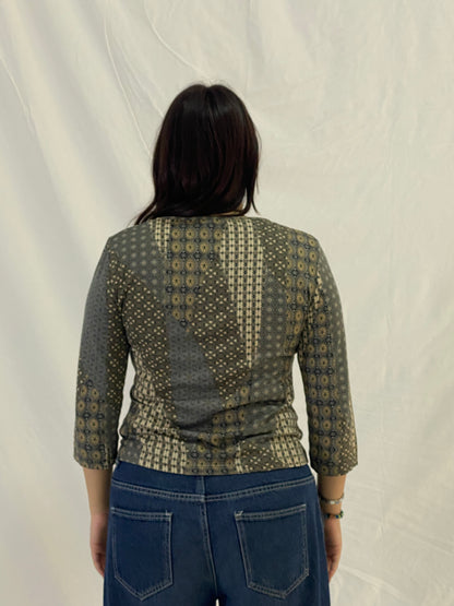 Vintage Aquarelle Patchwork Print 3/4 Sleeve Stretch Top - Neutral Brown & Olive - M