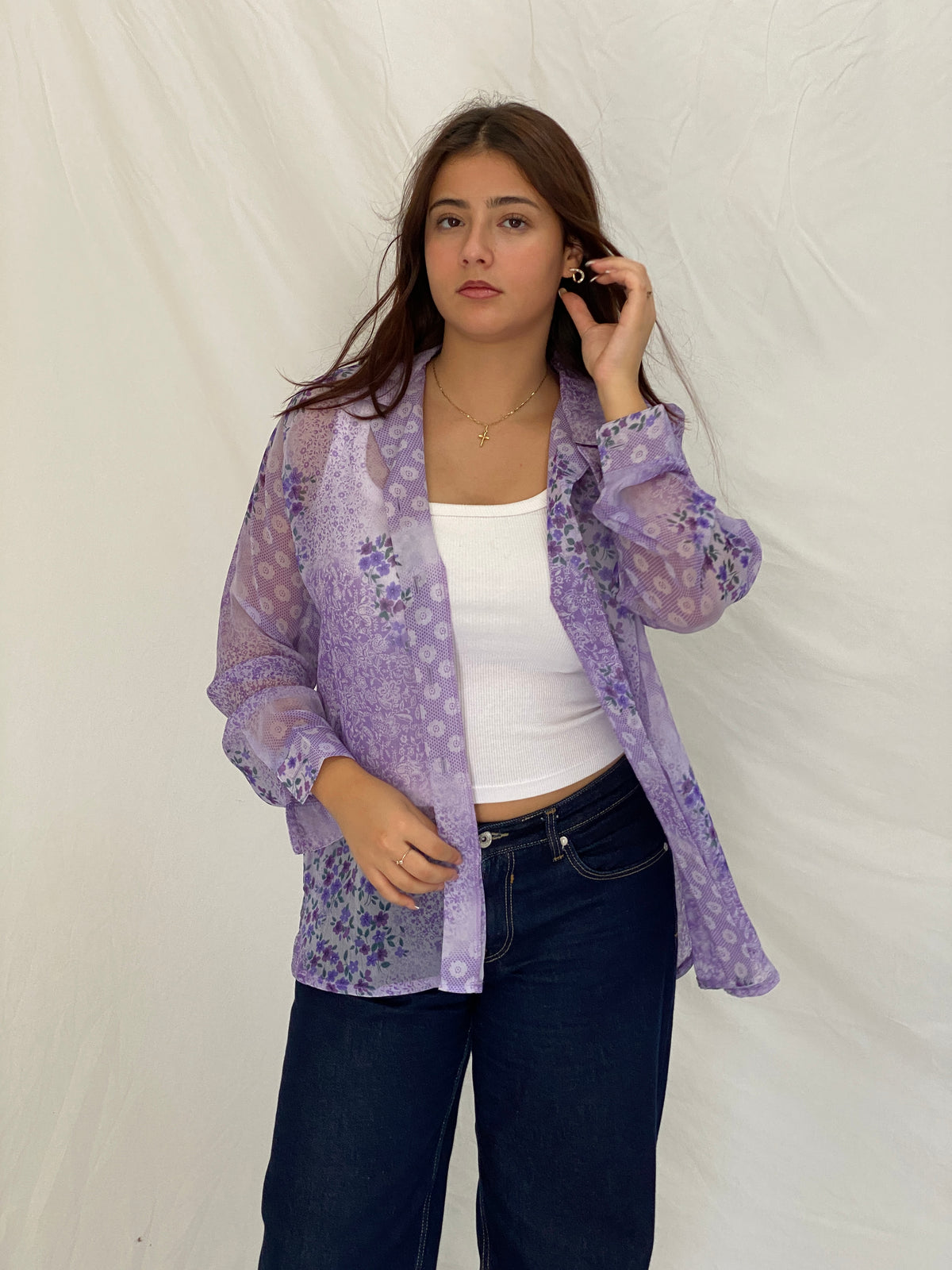 Vintage 90s Lighthouse Point Purple Sheer Floral Button-Up Blouse - L Vintage 90s Lighthouse Point Purple Sheer Floral Button-Up Blouse - L