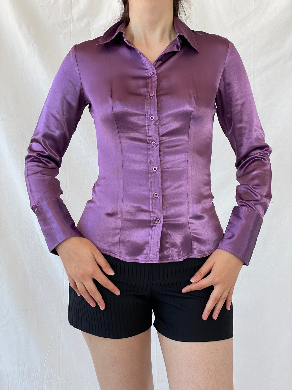 قميص نسائي بأكمام طويلة من الساتان أرجواني Y2K Camaîeu - مقاس صغير