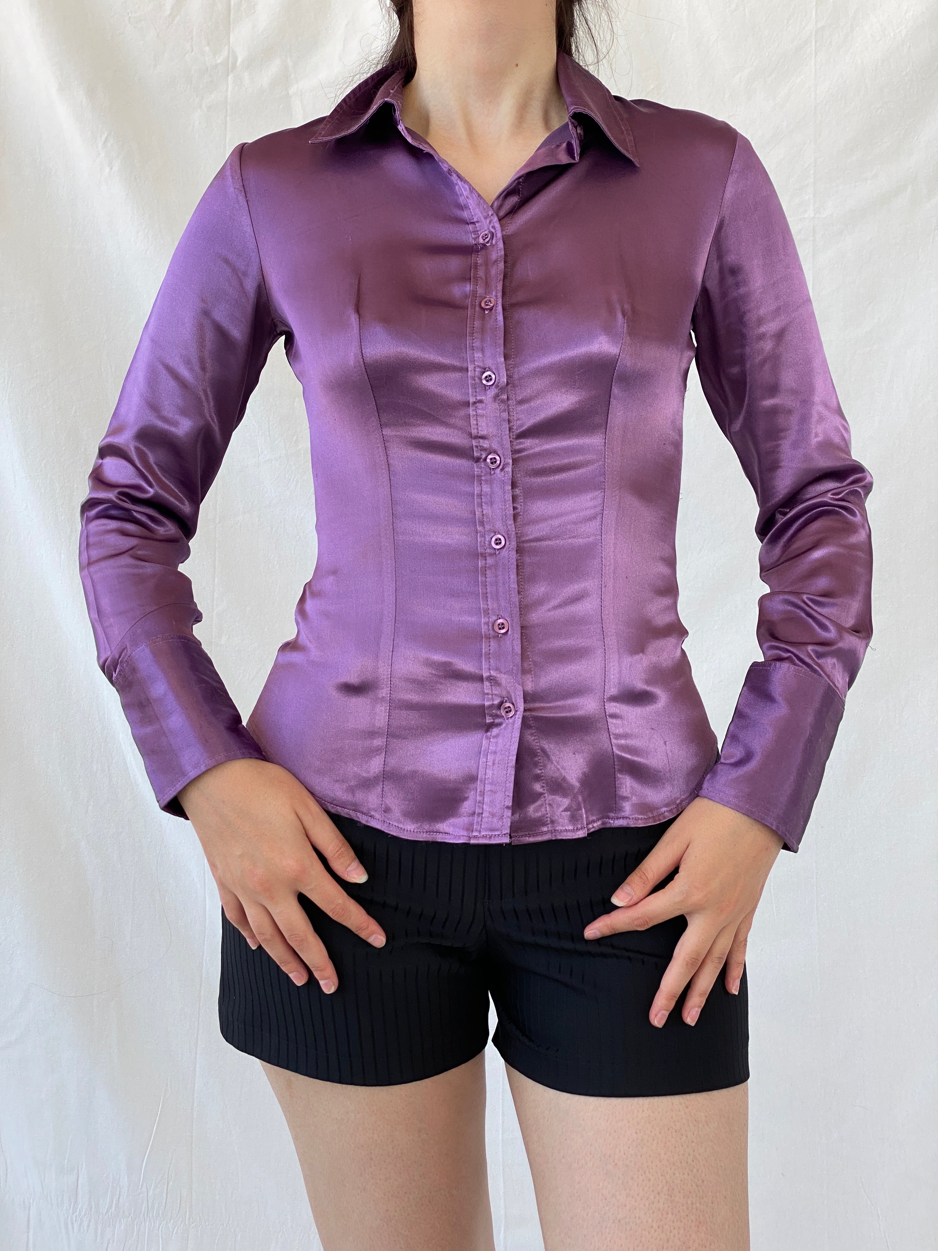 قميص نسائي بأكمام طويلة من الساتان أرجواني Y2K Camaîeu - مقاس صغير