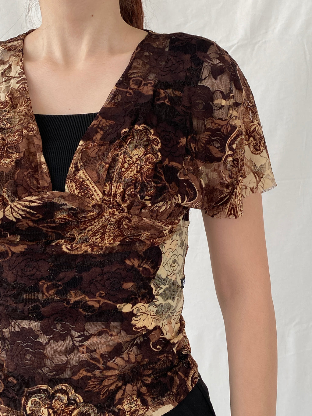 Vintage Y2K BSB Collection Brown Floral Lace V-Neck Women’s Top - S