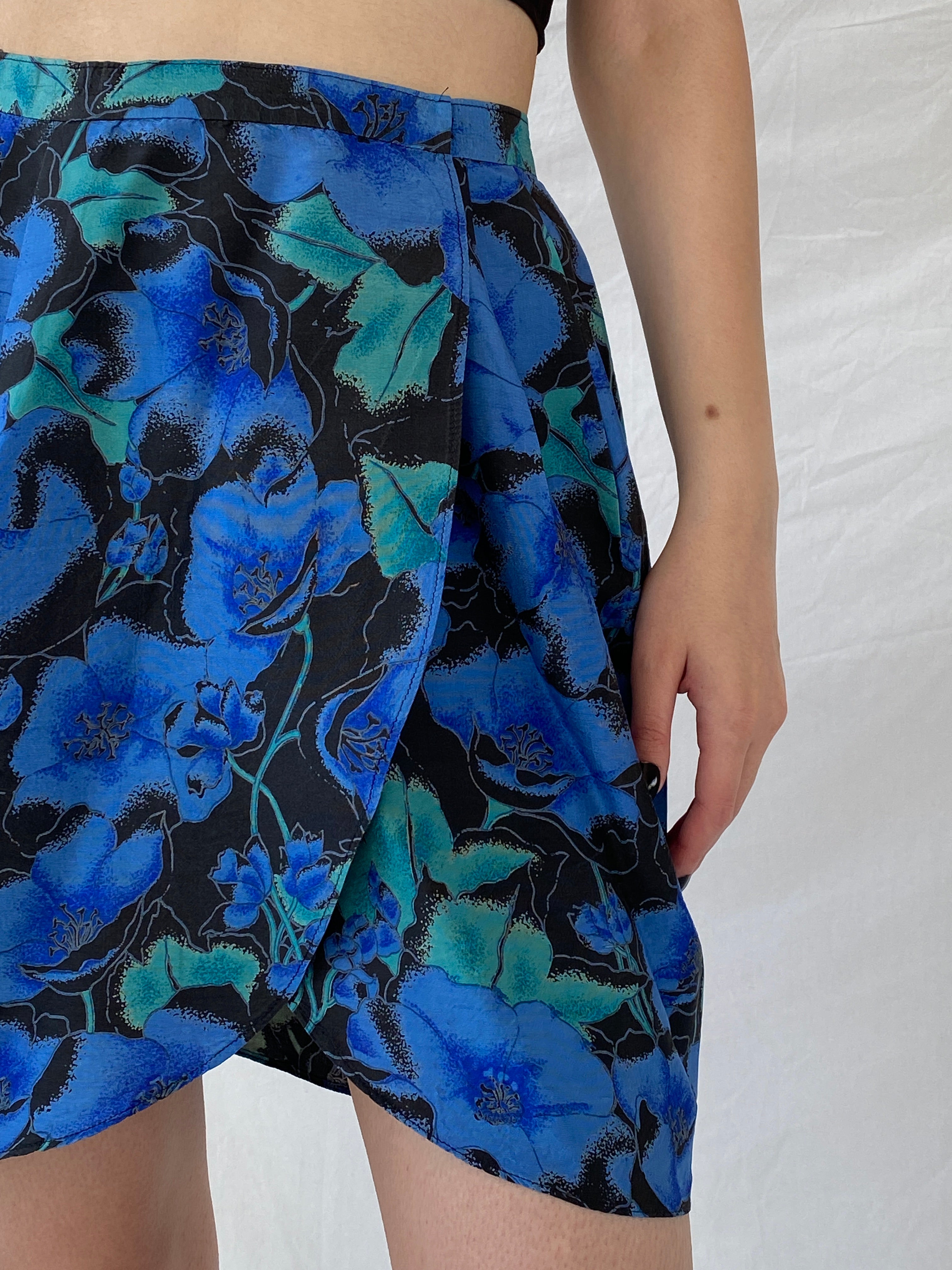 Beautiful Handmade Blue Floral Mini Wrap Skirt - S