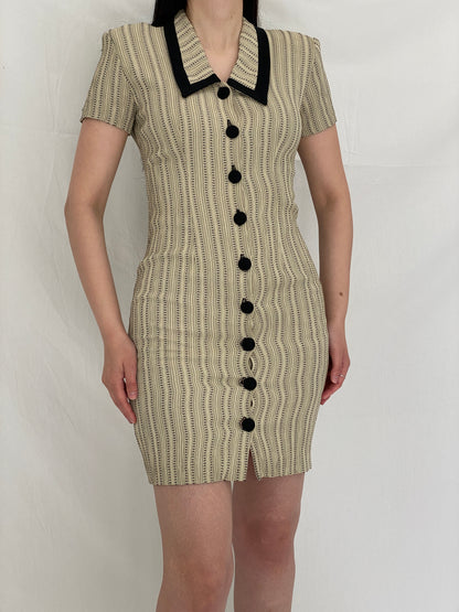 Vintage 90s Dawn Joy Fashions Beige Patterned Fitted Mini Dress - S