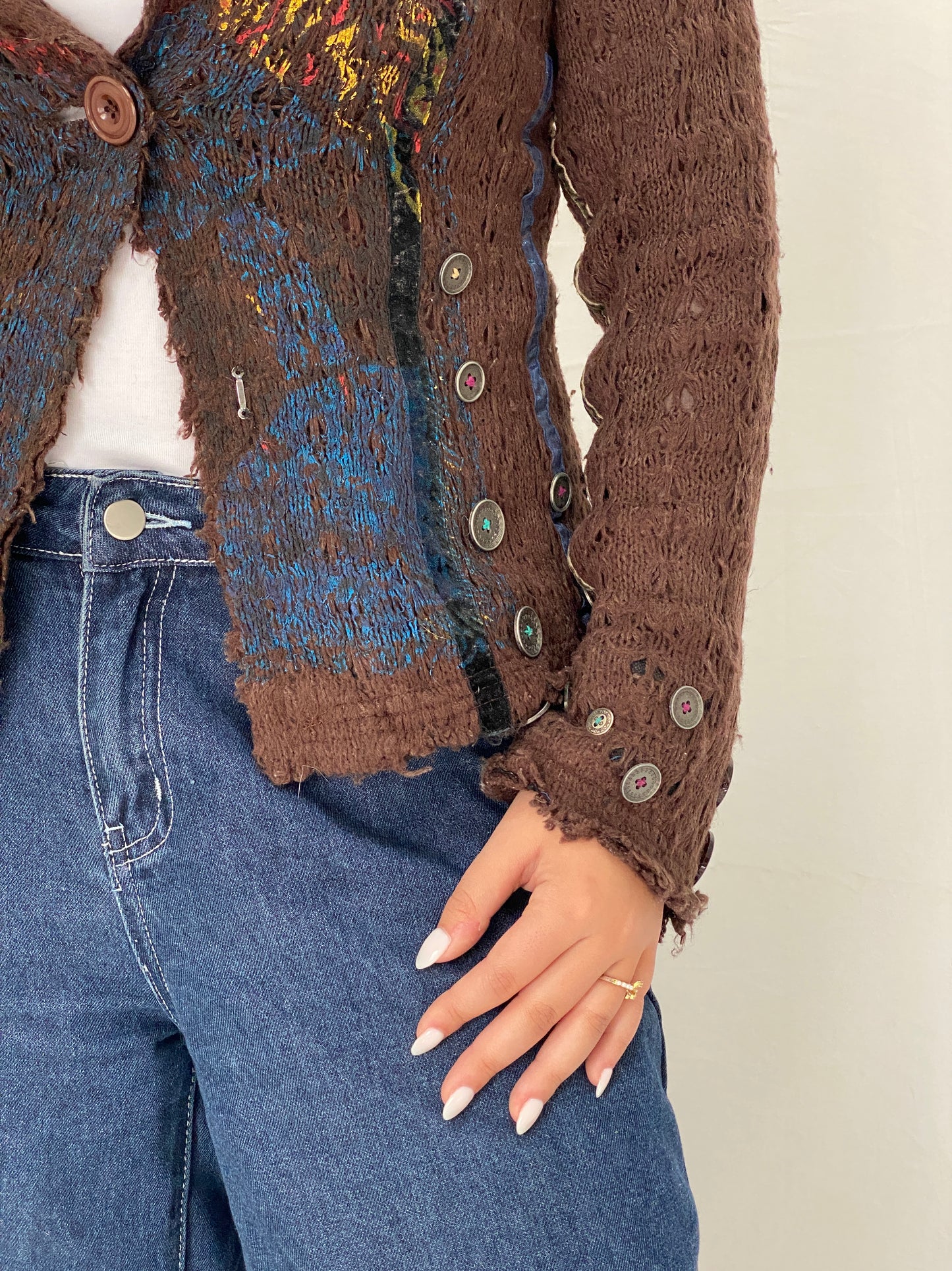 Vintage Soggo Brown Boho Knit Button-Up Cardigan Jacket – M