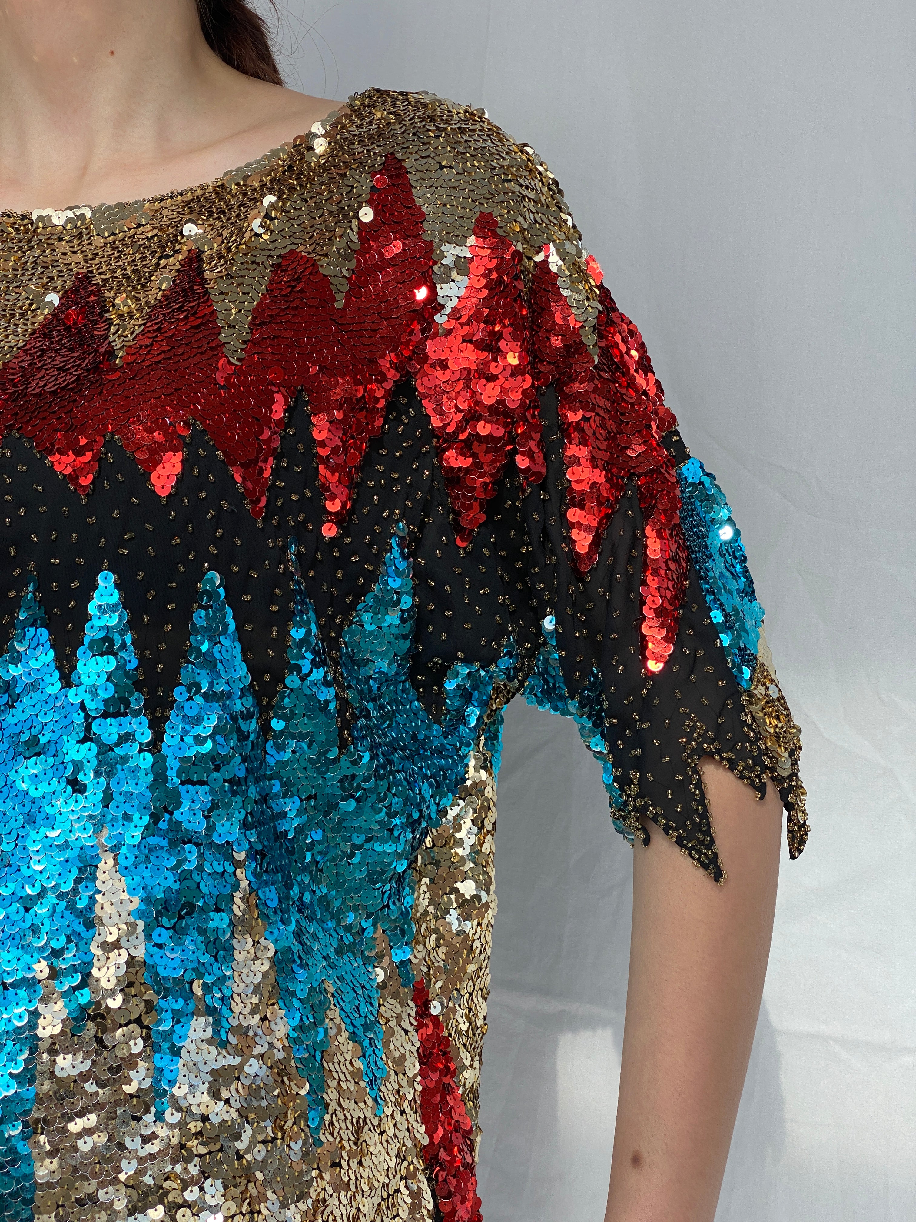 Vintage Iris Zig Zag Sequin and Sheer Midi Party Dress - L