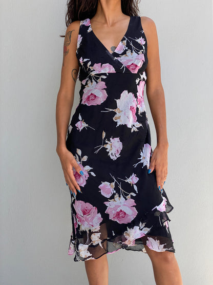 Vintage Alyn Paige Black Pink Floral Chiffon Sleeveless Midi Dress – S