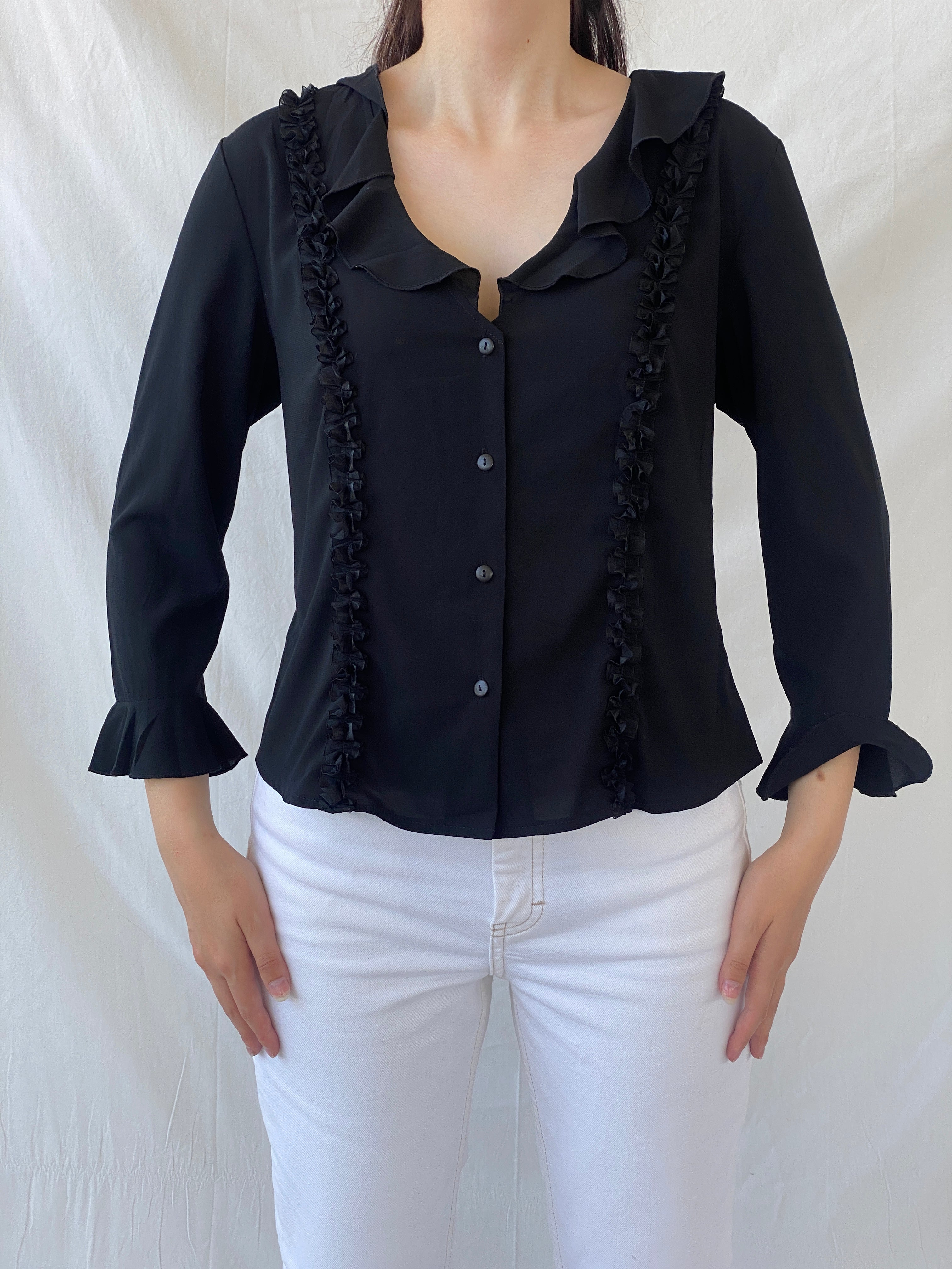 Y2K Under Cover Wear Black Ruffled Office Button Up Shirt - L