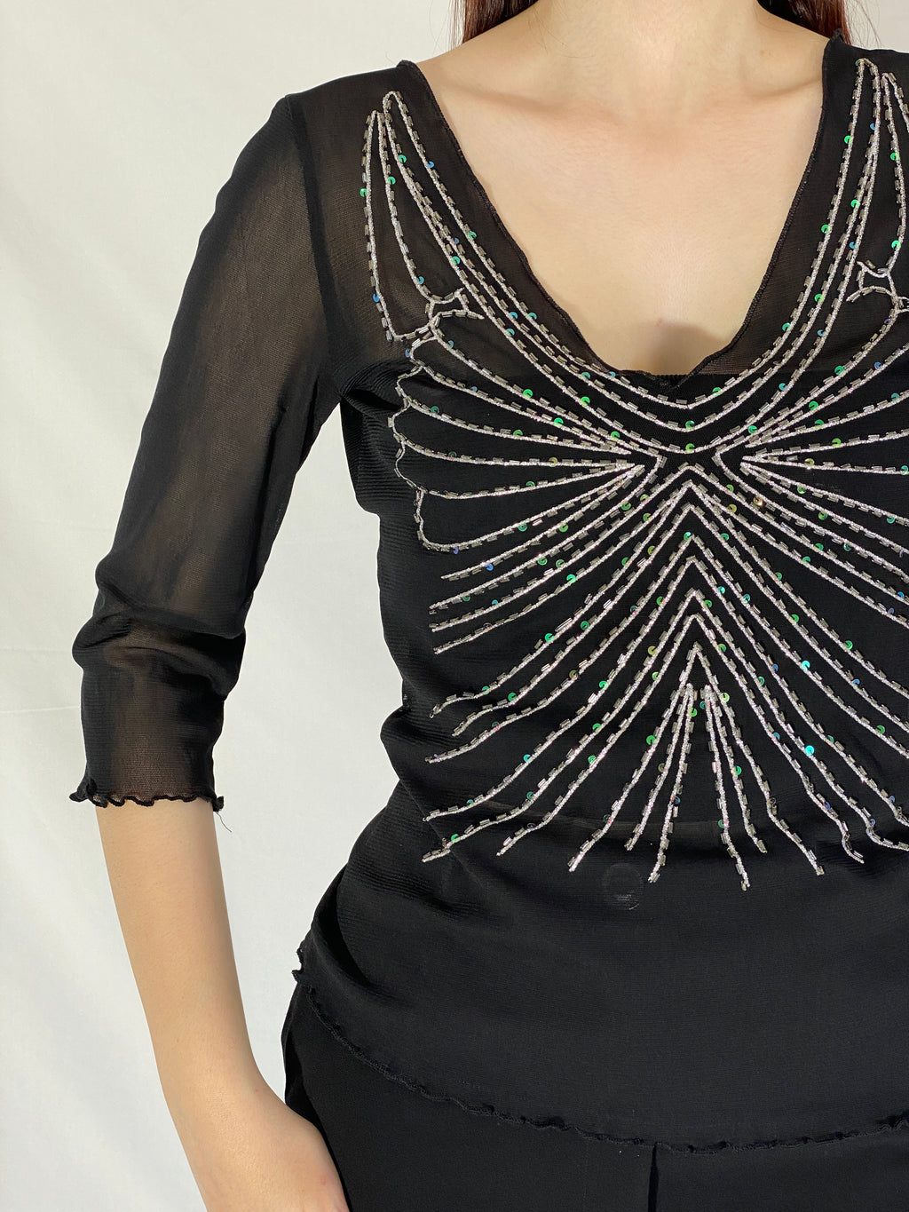 Vintage Y2K Jennifer Taylor Sheer Beaded Butterfly Mesh Top - L