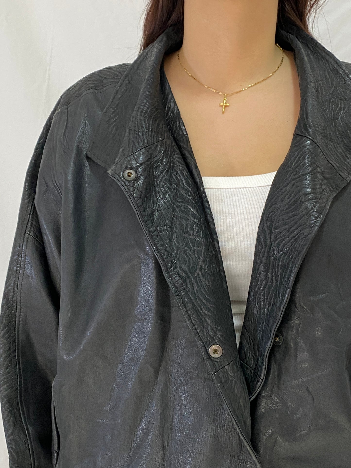 Vintage CAMPOY Black Genuine Leather Jacket Oversized Relaxed Fit Leather Coat - M