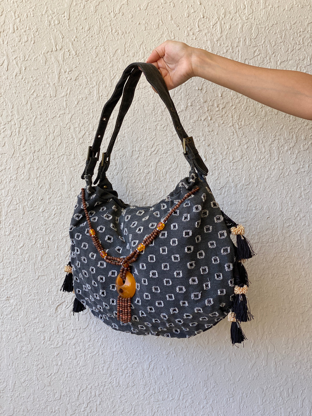 Y2K Gray Boho Hobo Denim Shoulder Bag With Side Fringes