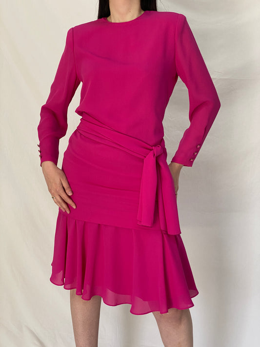 Vintage 80s Henry-Lee Hot Pink Statement Shoulder Mini Dress - S