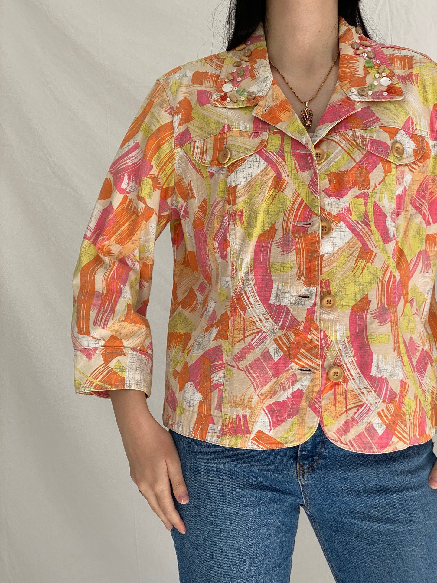 Vintage Ruby Rd Abstract Print Embellished Denim Jacket - L