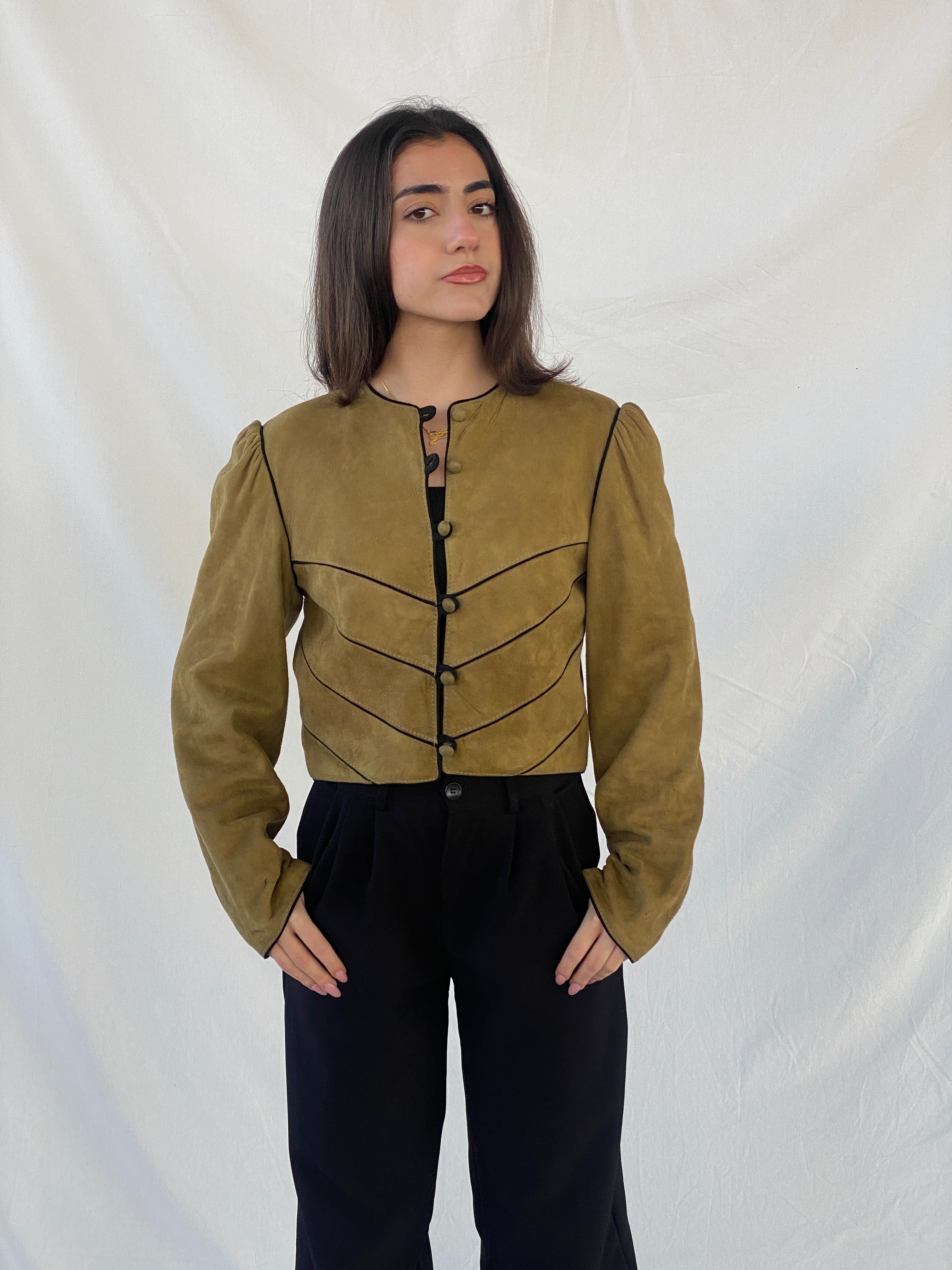 Vintage Olive Green Suede Trachten Buttoned Blazer Jacket - M