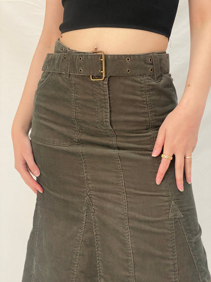 Y2K Yessica Olive Corduroy Midi Belted Panelled A-Line Skirt - S