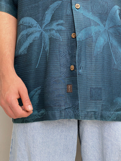 Vintage Tommy Bahama Relax Deep Navy Palm Jacquard Silk Camp Shirt – M