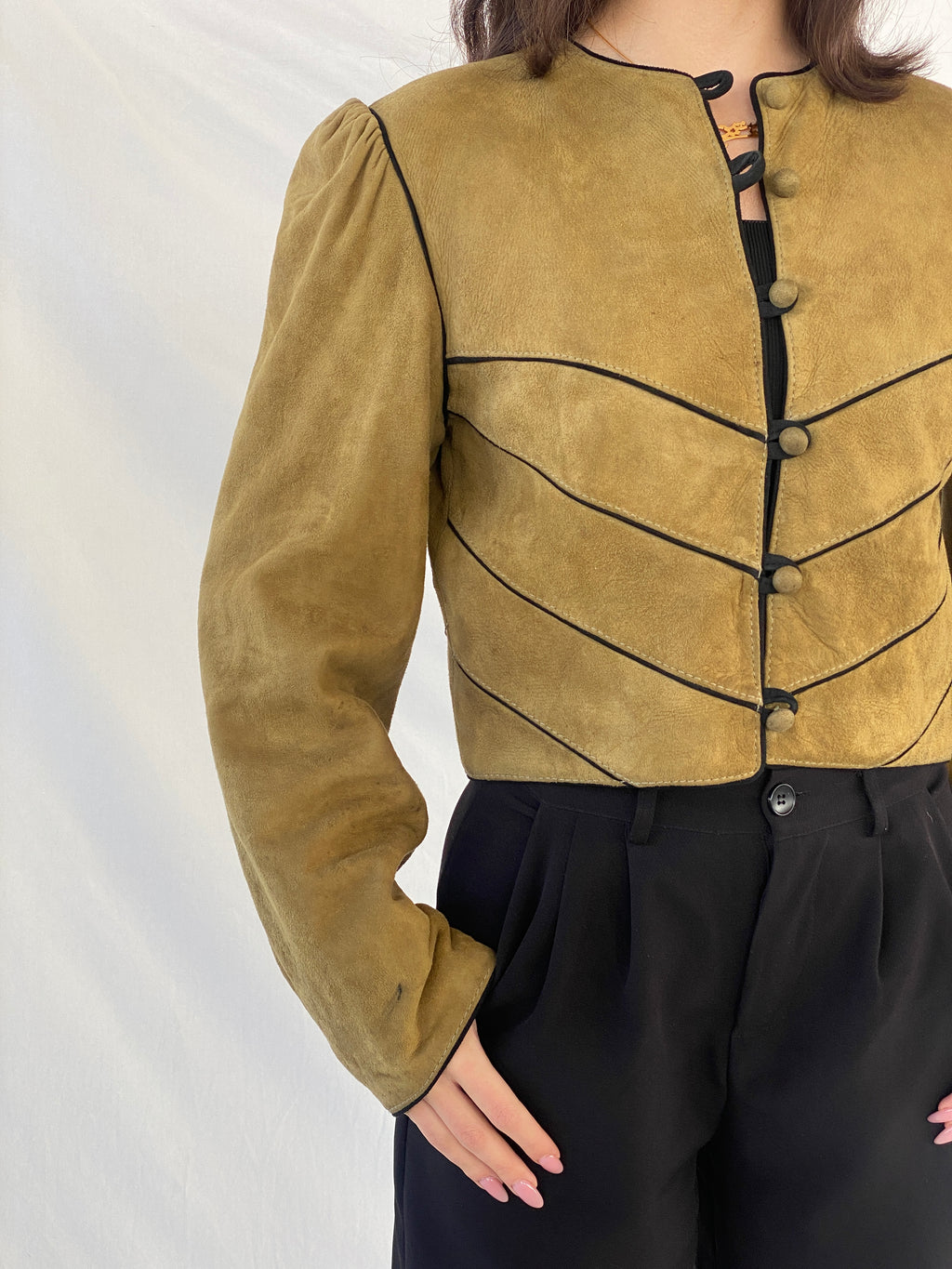 Vintage Olive Green Suede Trachten Buttoned Blazer Jacket - M