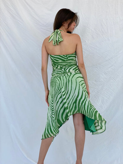 Pilgrim Green Asymmetric Zebra Print Ruched Waist Halter Dress - S