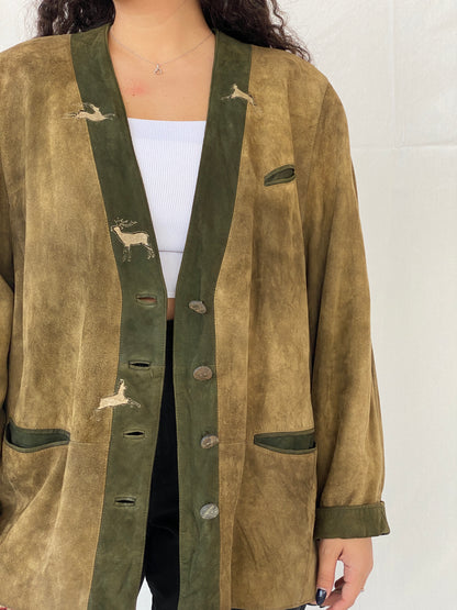 Vintage 70s Meindl Olive Green Suede Leather Jacket - L