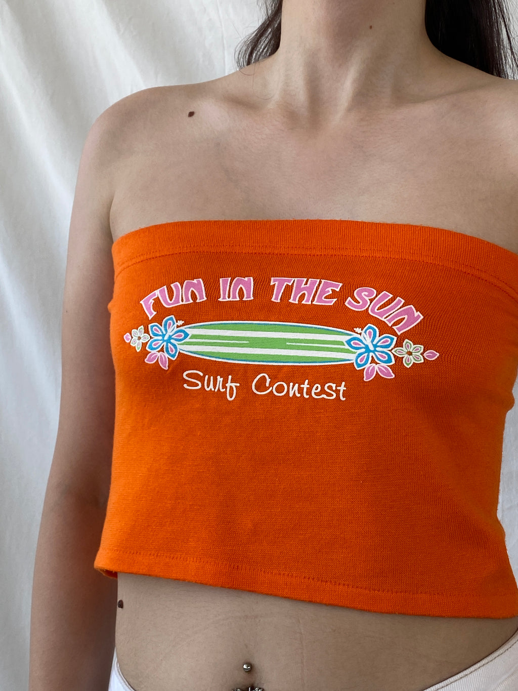 Y2K SAND N SUN Graphic Orange Surf Contest Bandeau Tube Top - M