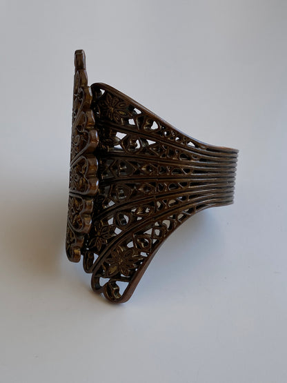 Vintage 1980s–90s Bronze-Tone Filigree Floral Fan Statement Bracelet