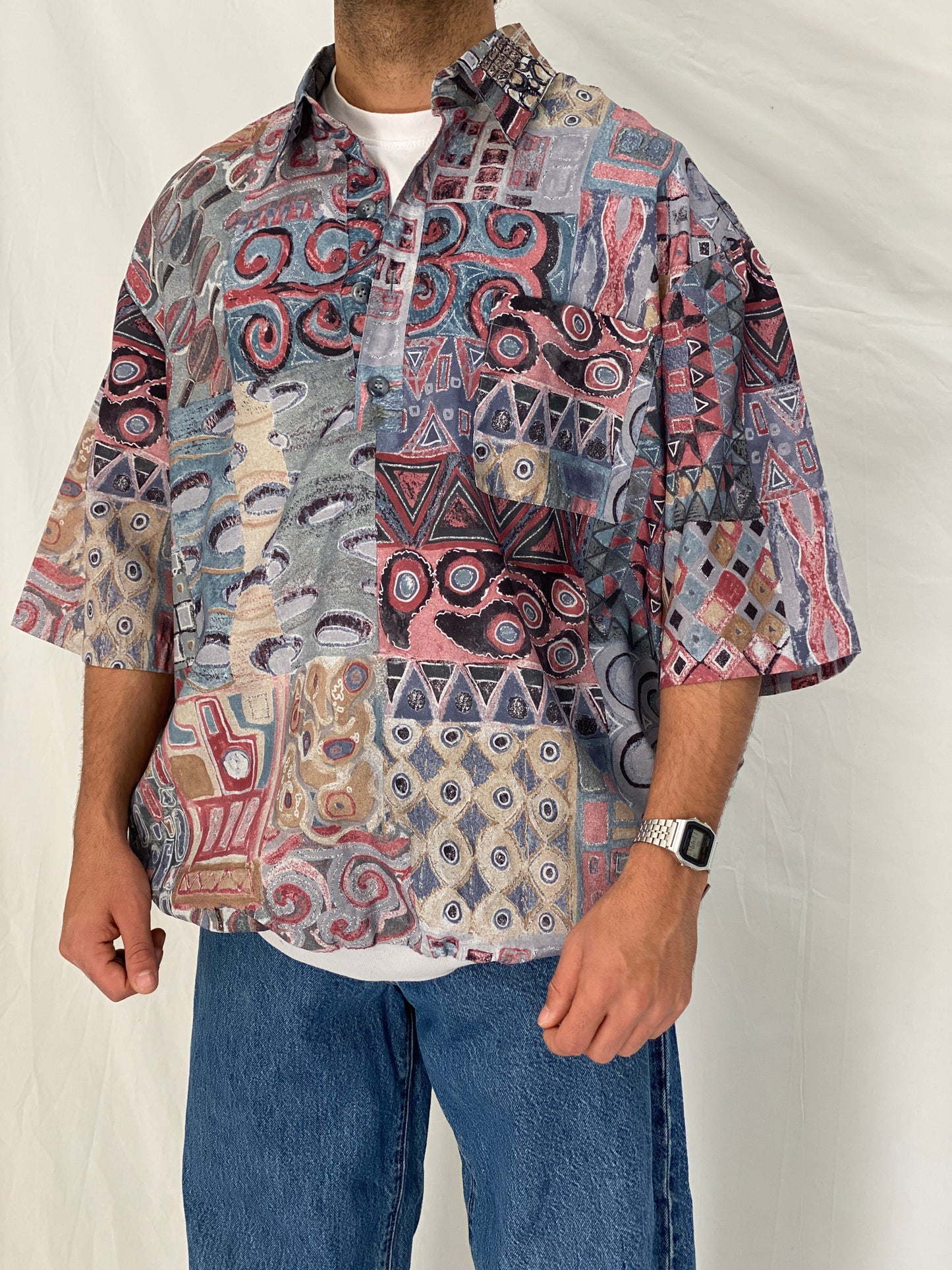 Vintage Fulton Street Shirtworks Abstract Print Elastic Hem Shirt – 2XL