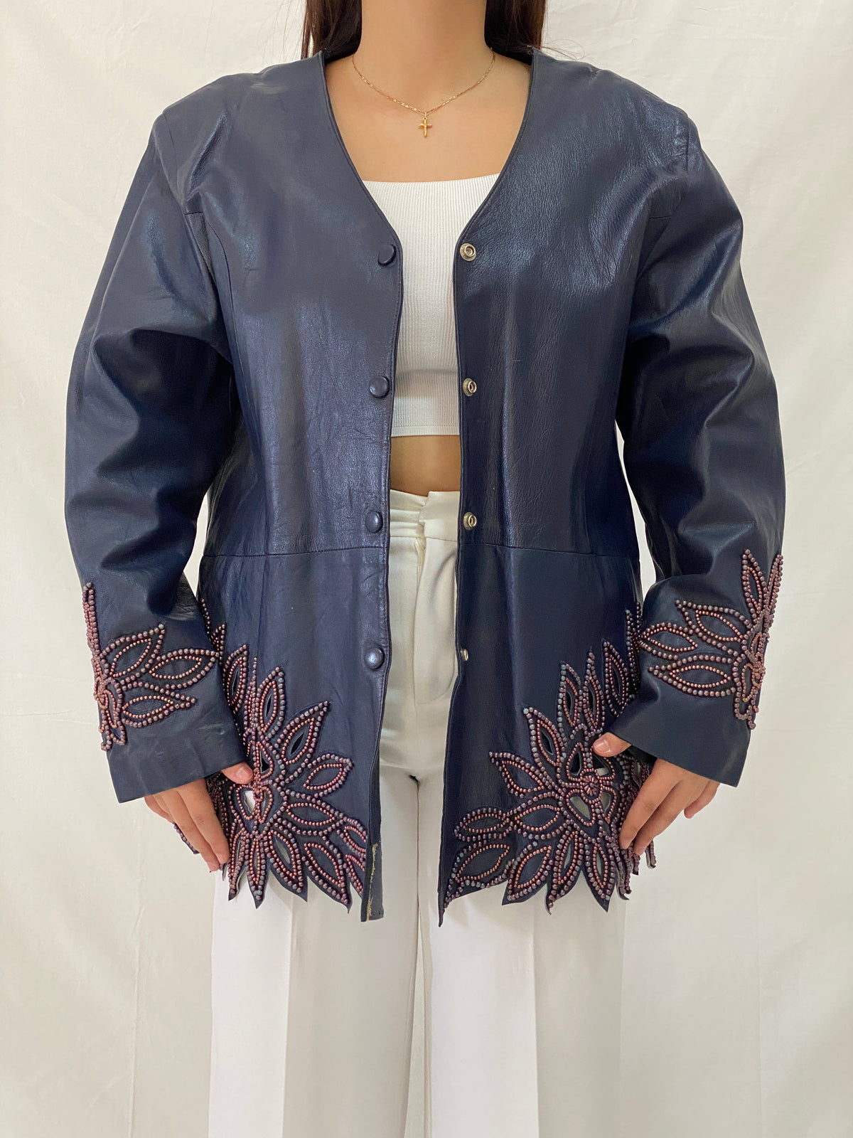 Vintage KOSHAR Genuine Leather Duster Coat Navy Beaded Cut-Out Floral Jacket - XL Vintage KOSHAR Genuine Leather Duster Coat Navy Beaded Cut-Out Floral Jacket - XL