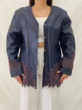 Vintage KOSHAR Genuine Leather Duster Coat Navy Beaded Cut-Out Floral Jacket - XL