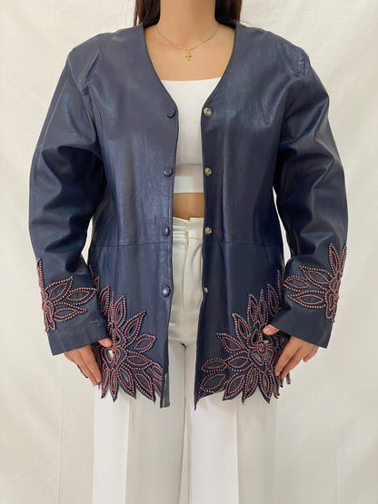 Vintage KOSHAR Genuine Leather Duster Coat Navy Beaded Cut-Out Floral Jacket - XL