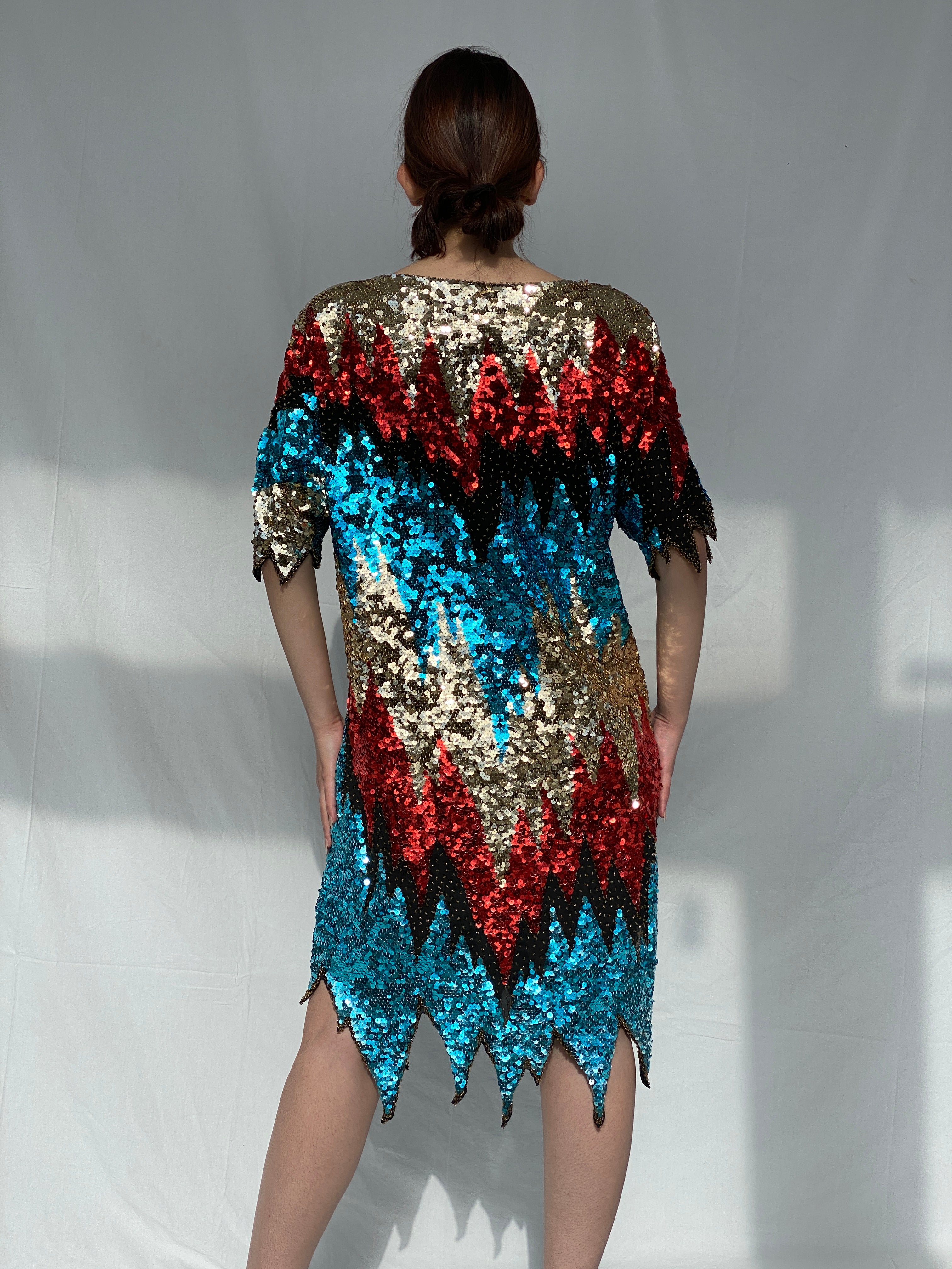 Vintage Iris Zig Zag Sequin and Sheer Midi Party Dress - L