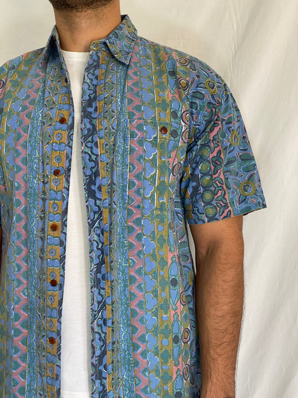 Vintage BADGE Short Sleeve Cotton Shirt Blue Geometric Print - M