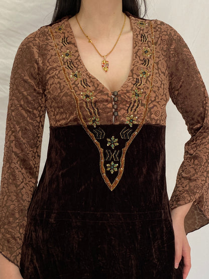 Vintage Y2K Xcepsion Brown Velvet Lace Boho Top with Bell Sleeves - M